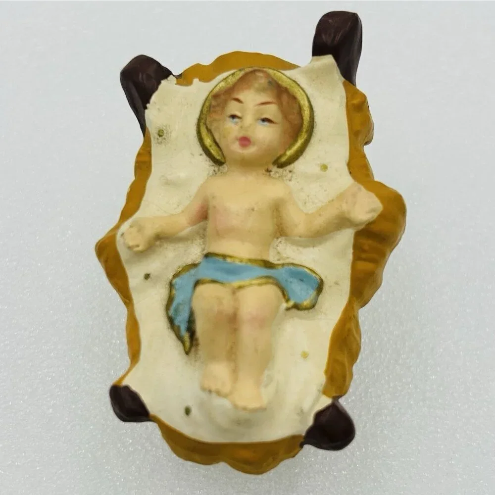 Vintage Christmas Nativity Manger Paper Mache Composition Italy Baby Jesus